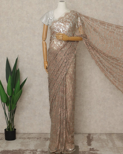 Brown-Gold Premium French 2 Tone Chantilly Saree Lace, 5.5 Mtrs Length, 110 Cms Width, Crafted in France -Blouse Not Included-D26718