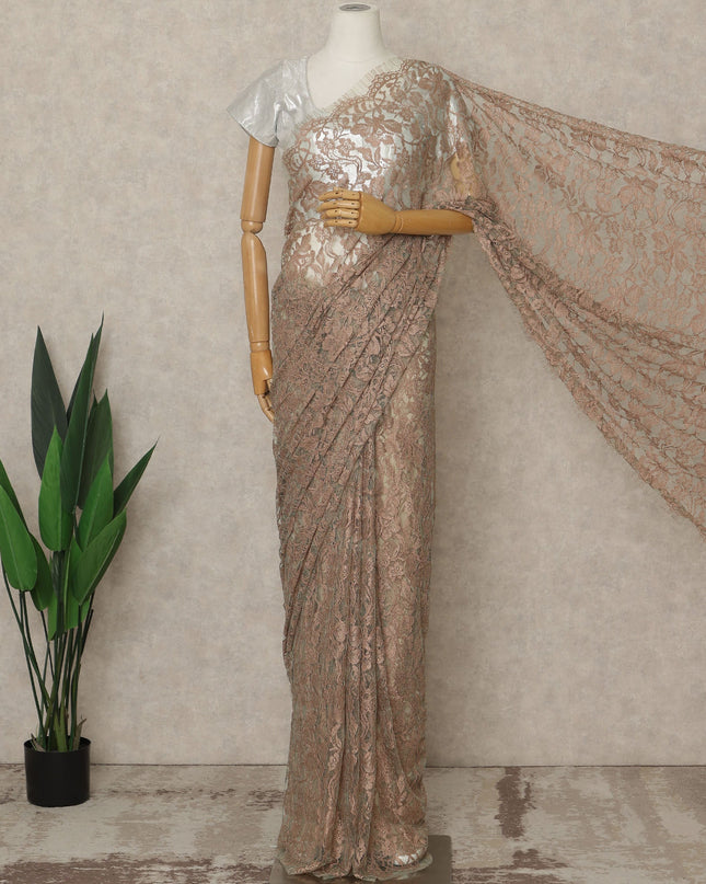 Brown-Gold Premium French 2 Tone Chantilly Saree Lace, 5.5 Mtrs Length, 110 Cms Width, Crafted in France -Blouse Not Included-D26718