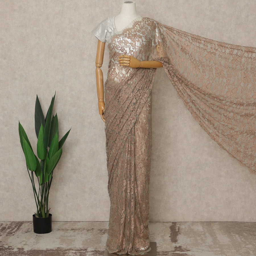 Brown-Gold Premium French 2 Tone Chantilly Saree Lace, 5.5 Mtrs Length, 110 Cms Width, Crafted in France -Blouse Not Included-D26718