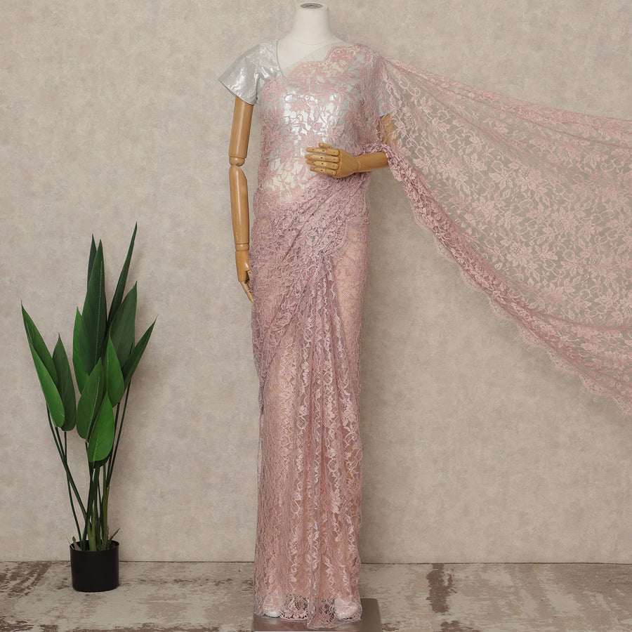 Dusty Pink Premium French 2 Tone Chantilly Saree Lace, 5.5 Mtrs Length, 110 Cms Width, Crafted in France -Blouse Not Included-D26721