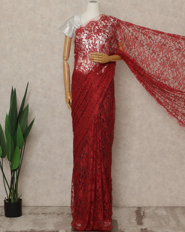 Red Premium French Chantilly Saree Lace, 5.5 Mtrs Length, 110 Cms Width, Crafted in France -Blouse Not Included-D26708
