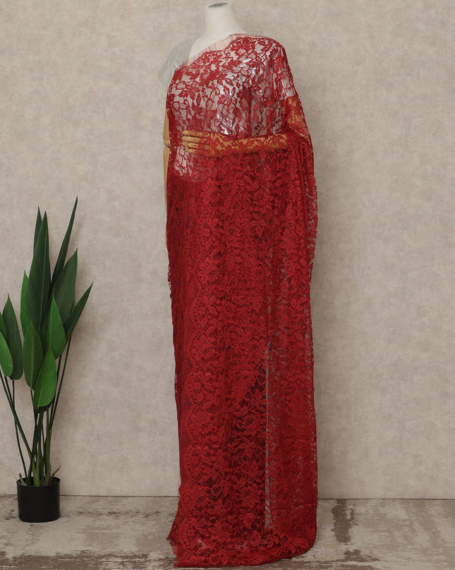 Red Premium French Chantilly Saree Lace, 5.5 Mtrs Length, 110 Cms Width, Crafted in France -Blouse Not Included-D26708