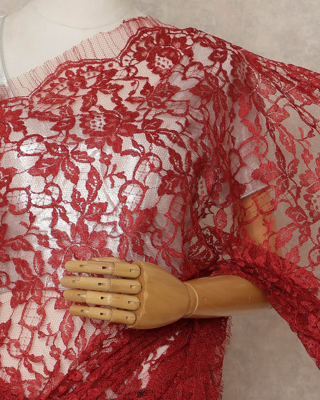 Red Premium French Chantilly Saree Lace, 5.5 Mtrs Length, 110 Cms Width, Crafted in France -Blouse Not Included-D26708