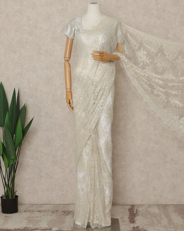 Ivory Premium French Metallic Chantilly Saree Lace 5.5 Mtrs 110 Cms Width France-D27764