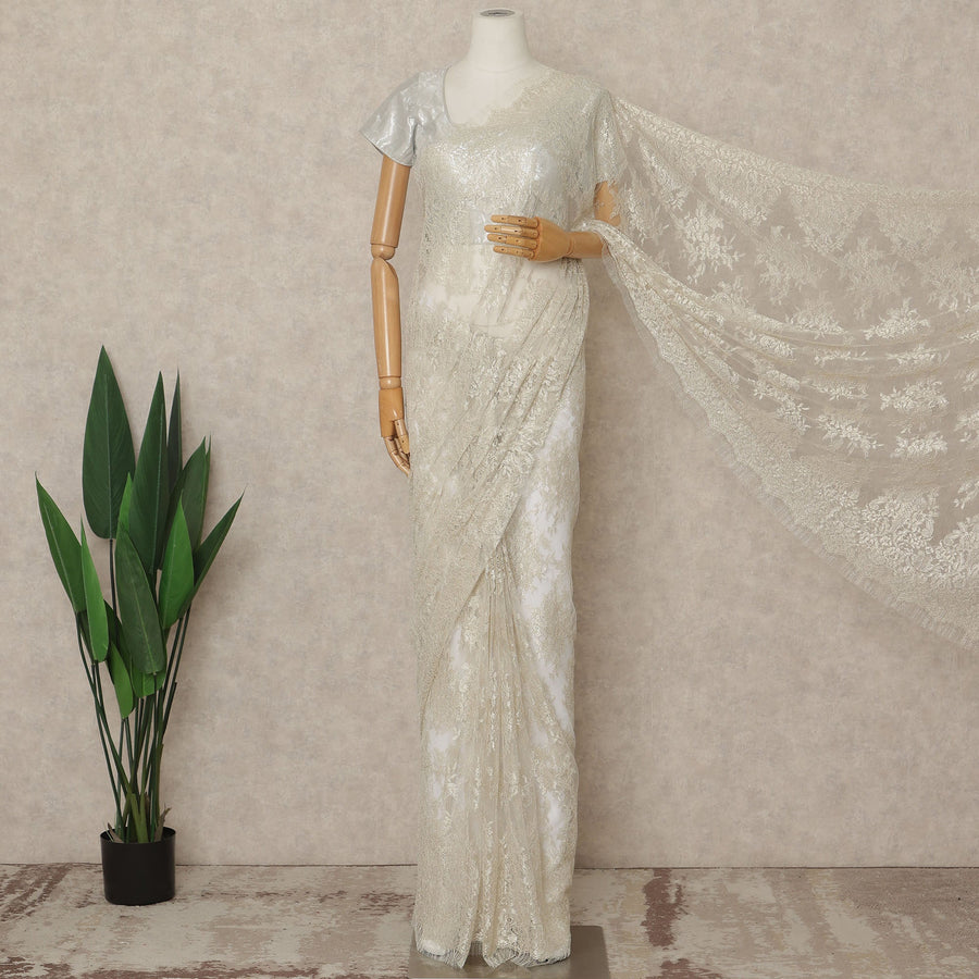 Ivory Premium French Metallic Chantilly Saree Lace 5.5 Mtrs 110 Cms Width France-D27764