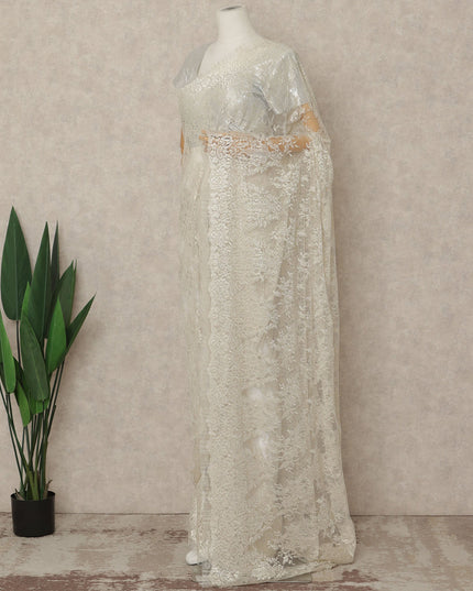 Ivory Premium French Metallic Chantilly Saree Lace 5.5 Mtrs 110 Cms Width France-D27764