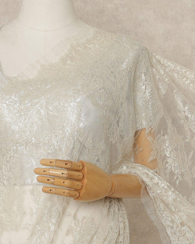 Ivory Premium French Metallic Chantilly Saree Lace 5.5 Mtrs 110 Cms Width France-D27764