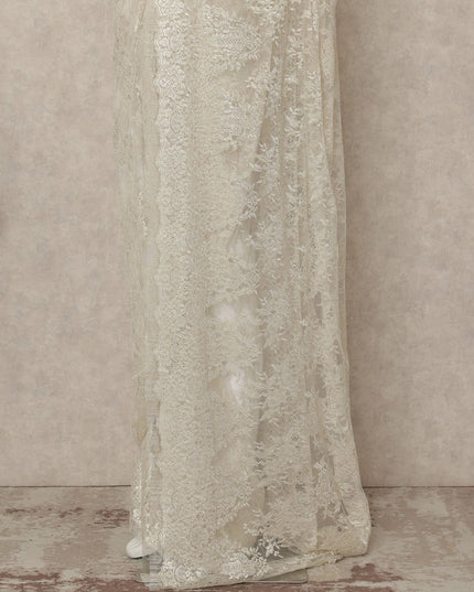 Ivory Premium French Metallic Chantilly Saree Lace 5.5 Mtrs 110 Cms Width France-D27764