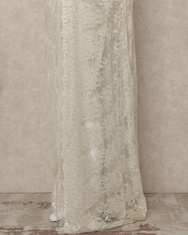 Ivory Premium French Metallic Chantilly Saree Lace 5.5 Mtrs 110 Cms Width France-D27764