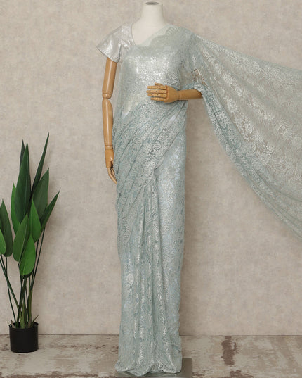 Ice Blue Premium French Metallic Chantilly Saree Lace, 5.5 Mtrs Length, 110 Cms Width, Crafted in France -Blouse Not Included-D26734