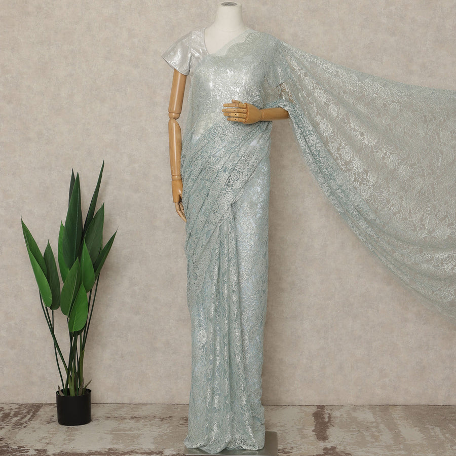 Ice Blue Premium French Metallic Chantilly Saree Lace, 5.5 Mtrs Length, 110 Cms Width, Crafted in France -Blouse Not Included-D26734