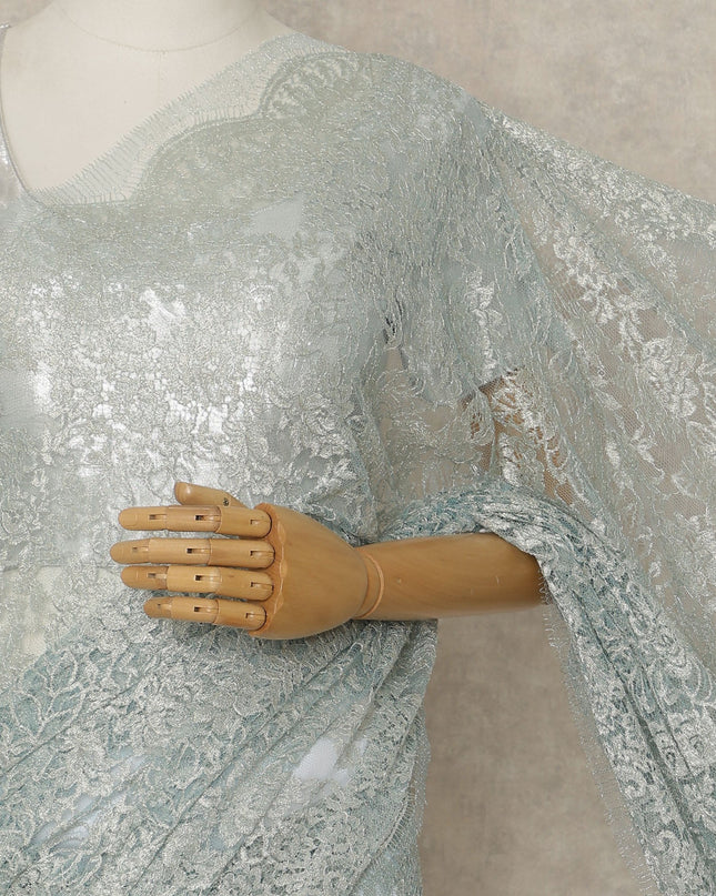 Ice Blue Premium French Metallic Chantilly Saree Lace, 5.5 Mtrs Length, 110 Cms Width, Crafted in France -Blouse Not Included-D26734