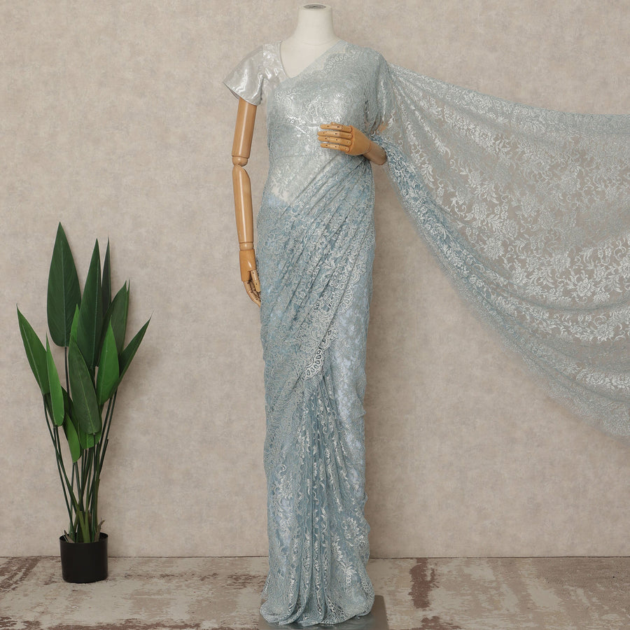 Powder Blue Premium French Metallic Chantilly Saree Lace 5.5 Mtrs 110 Cms Width France-D27767