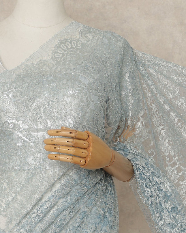 Powder Blue Premium French Metallic Chantilly Saree Lace 5.5 Mtrs 110 Cms Width France-D27767