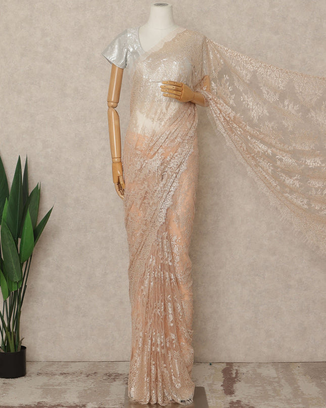 Blush Peach Premium French Metallic Chantilly Saree Lace 5.5 Mtrs 110 Cms Width France-D27766