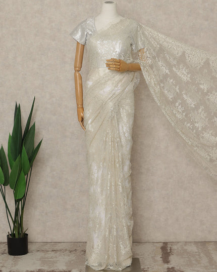 Ivory Premium French Metallic Chantilly Saree Lace, 5.5 Mtrs Length, 110 Cms Width, Crafted in France -Blouse Not Included-D26735