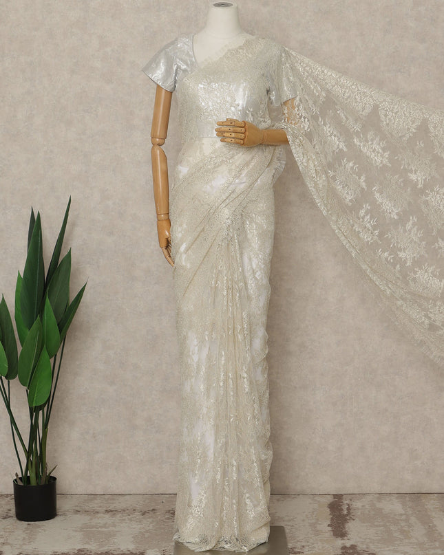 Ivory Premium French Metallic Chantilly Saree Lace, 5.5 Mtrs Length, 110 Cms Width, Crafted in France -Blouse Not Included-D26735