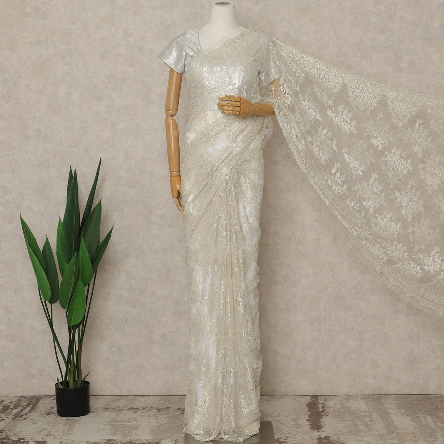 Ivory Premium French Metallic Chantilly Saree Lace, 5.5 Mtrs Length, 110 Cms Width, Crafted in France -Blouse Not Included-D26735