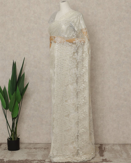 Ivory Premium French Metallic Chantilly Saree Lace, 5.5 Mtrs Length, 110 Cms Width, Crafted in France -Blouse Not Included-D26735