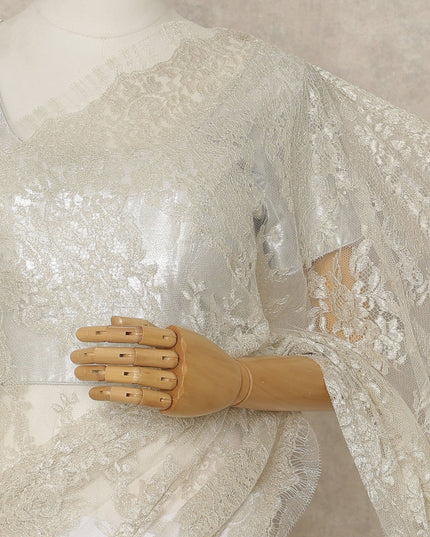 Ivory Premium French Metallic Chantilly Saree Lace, 5.5 Mtrs Length, 110 Cms Width, Crafted in France -Blouse Not Included-D26735