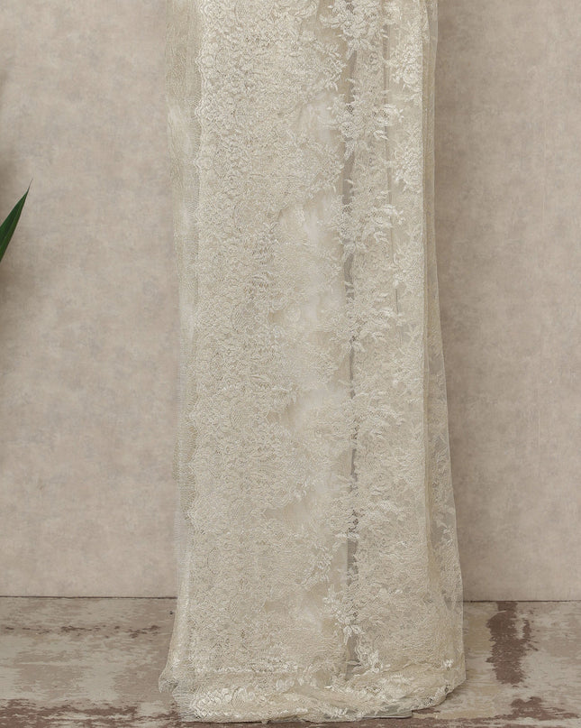 Ivory Premium French Metallic Chantilly Saree Lace, 5.5 Mtrs Length, 110 Cms Width, Crafted in France -Blouse Not Included-D26735