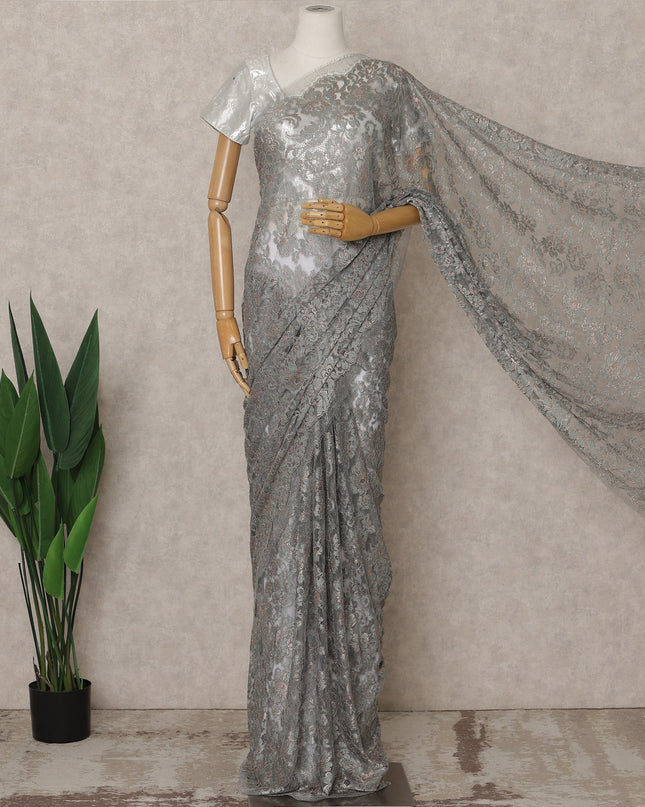 Dusty Rose Silver Premium French Metallic Chantilly Lace Saree – 5.5 Meters Fabric Length, Width 110 cm, Imported from France  & Blouse Not Included-D26570