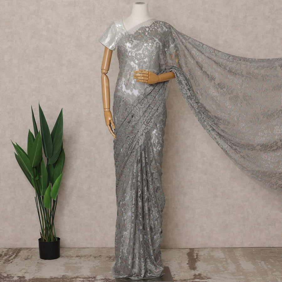 Dusty Rose Silver Premium French Metallic Chantilly Lace Saree – 5.5 Meters Fabric Length, Width 110 cm, Imported from France  & Blouse Not Included-D26570 Regal Fabrics