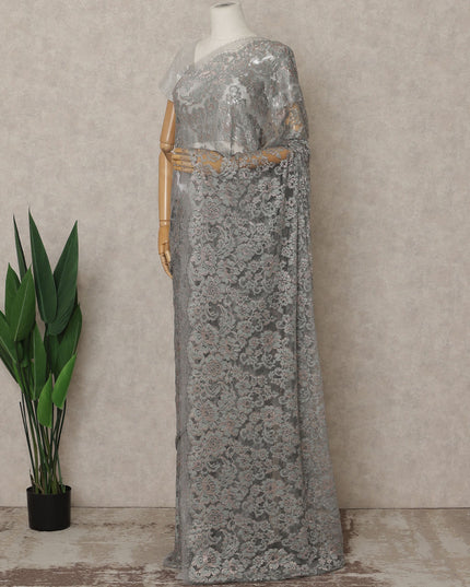 Dusty Rose Silver Premium French Metallic Chantilly Lace Saree – 5.5 Meters Fabric Length, Width 110 cm, Imported from France  & Blouse Not Included-D26570 Regal Fabrics
