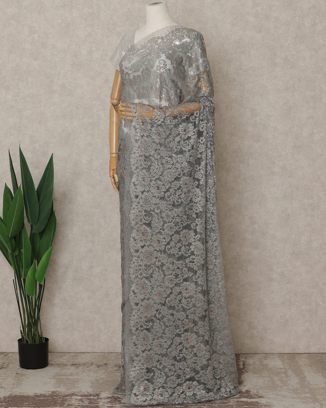Dusty Rose Silver Premium French Metallic Chantilly Lace Saree – 5.5 Meters Fabric Length, Width 110 cm, Imported from France  & Blouse Not Included-D26570