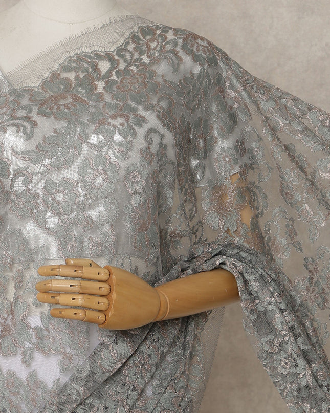 Dusty Rose Silver Premium French Metallic Chantilly Lace Saree – 5.5 Meters Fabric Length, Width 110 cm, Imported from France  & Blouse Not Included-D26570