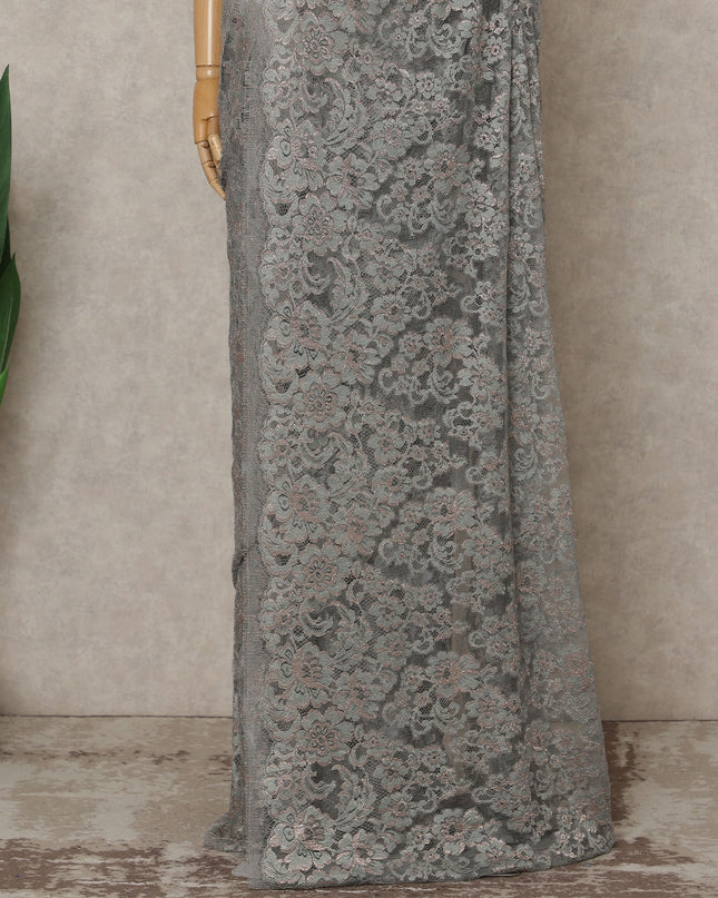 Dusty Rose Silver Premium French Metallic Chantilly Lace Saree – 5.5 Meters Fabric Length, Width 110 cm, Imported from France  & Blouse Not Included-D26570