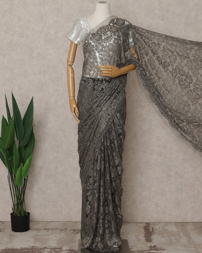 Charcoal Silver Premium French Metallic Chantilly Lace Saree – 5.5 Meters Fabric Length, Width 110 cm, Imported from France  & Blouse Not Included-D26571
