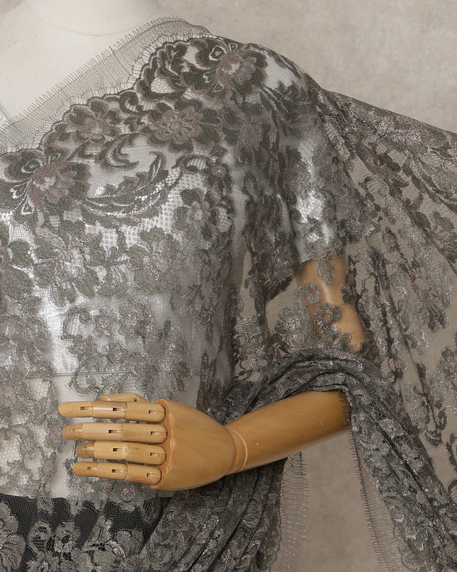 Charcoal Silver Premium French Metallic Chantilly Lace Saree – 5.5 Meters Fabric Length, Width 110 cm, Imported from France  & Blouse Not Included-D26571