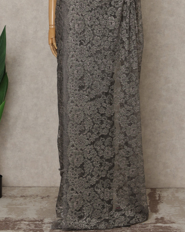 Charcoal Silver Premium French Metallic Chantilly Lace Saree – 5.5 Meters Fabric Length, Width 110 cm, Imported from France  & Blouse Not Included-D26571