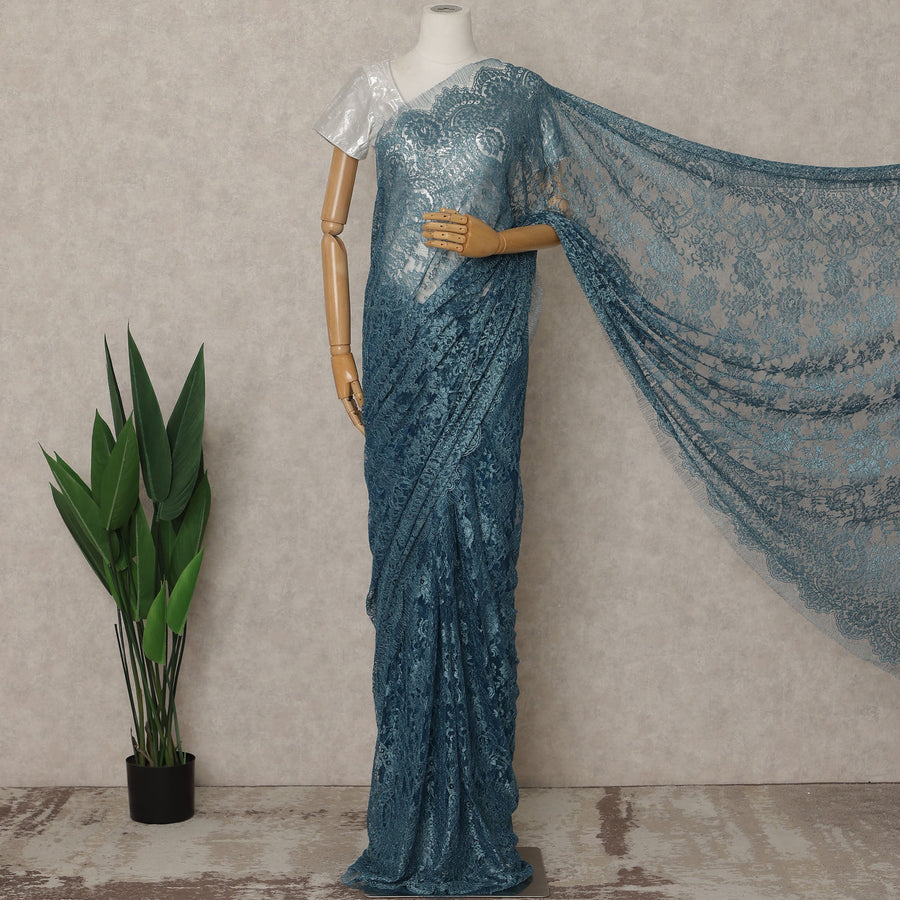 Teal Blue Premium French Metallic Chantilly Lace Saree – 5.5 Meters Fabric Length, Width 110 cm, Imported from France  & Blouse Not Included-D26583 Regal Fabrics