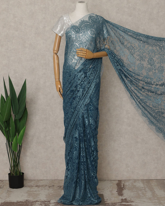 Teal Blue Premium French Metallic Chantilly Saree Lace Fabric 5.5 Mtrs Length 110 Cms Width Floral Designer Net Drape Material Made In France, Blouse Not Included-D28095