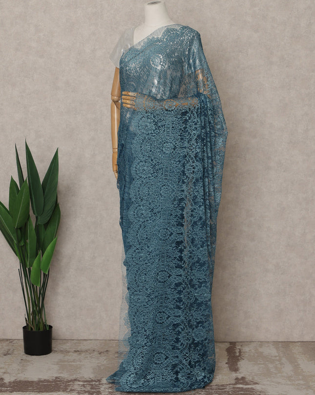 Teal Blue Premium French Metallic Chantilly Lace Saree – 5.5 Meters Fabric Length, Width 110 cm, Imported from France  & Blouse Not Included-D26583