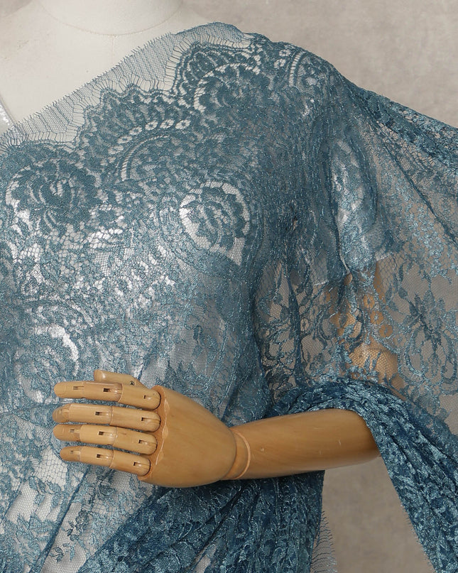 Teal Blue Premium French Metallic Chantilly Saree Lace Fabric 5.5 Mtrs Length 110 Cms Width Floral Designer Net Drape Material Made In France, Blouse Not Included-D28095