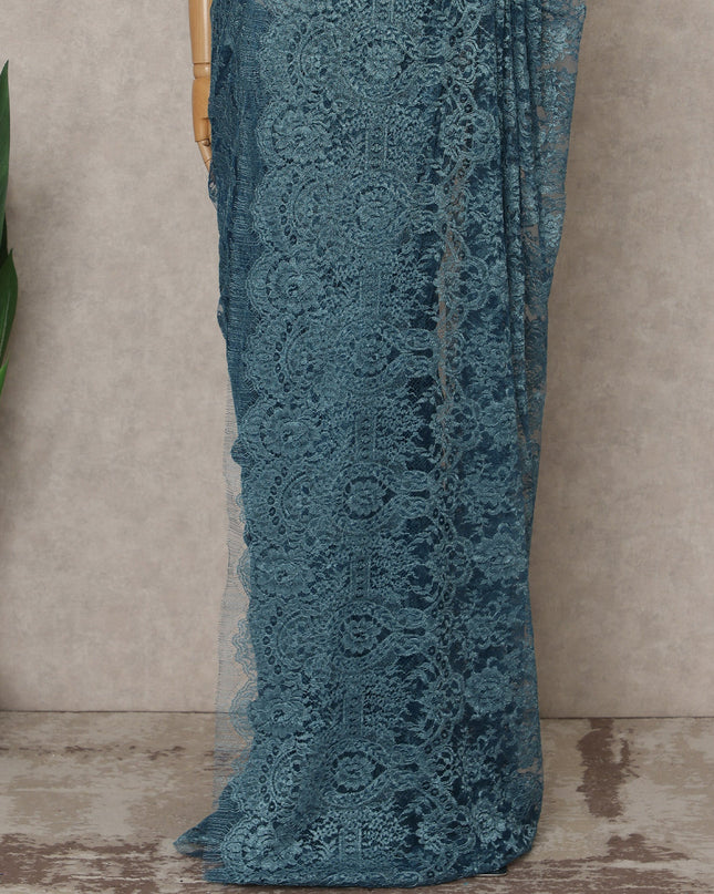 Teal Blue Premium French Metallic Chantilly Saree Lace Fabric 5.5 Mtrs Length 110 Cms Width Floral Designer Net Drape Material Made In France, Blouse Not Included-D28095