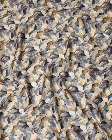 Slate Grey Abstract Leaf Printed Cotton Satin Fabric 110 Cms Made In India-D27390