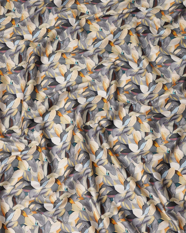 Slate Grey Abstract Leaf Printed Cotton Satin Fabric 110 Cms Made In India-D27390
