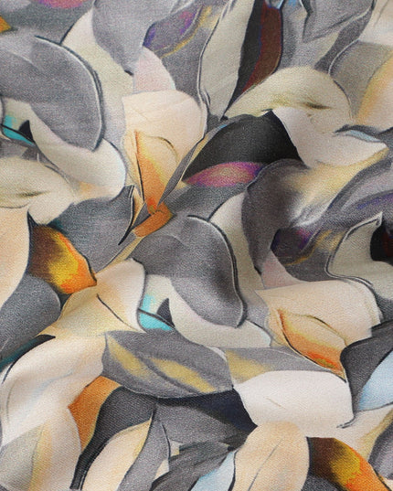 Slate Grey Abstract Leaf Printed Cotton Satin Fabric 110 Cms Made In India-D27390
