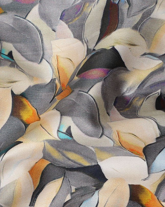 Slate Grey Abstract Leaf Printed Cotton Satin Fabric 110 Cms Made In India-D27390