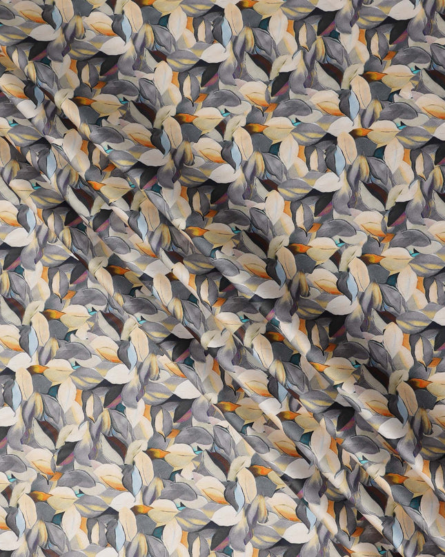 Slate Grey Abstract Leaf Printed Cotton Satin Fabric 110 Cms Made In India-D27390
