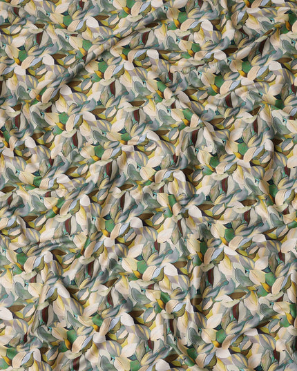 Olive Green Abstract Leaf Printed Cotton Satin Fabric 110 Cms Made In India-D27387