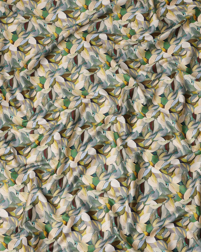 Olive Green Abstract Leaf Printed Cotton Satin Fabric 110 Cms Made In India-D27387