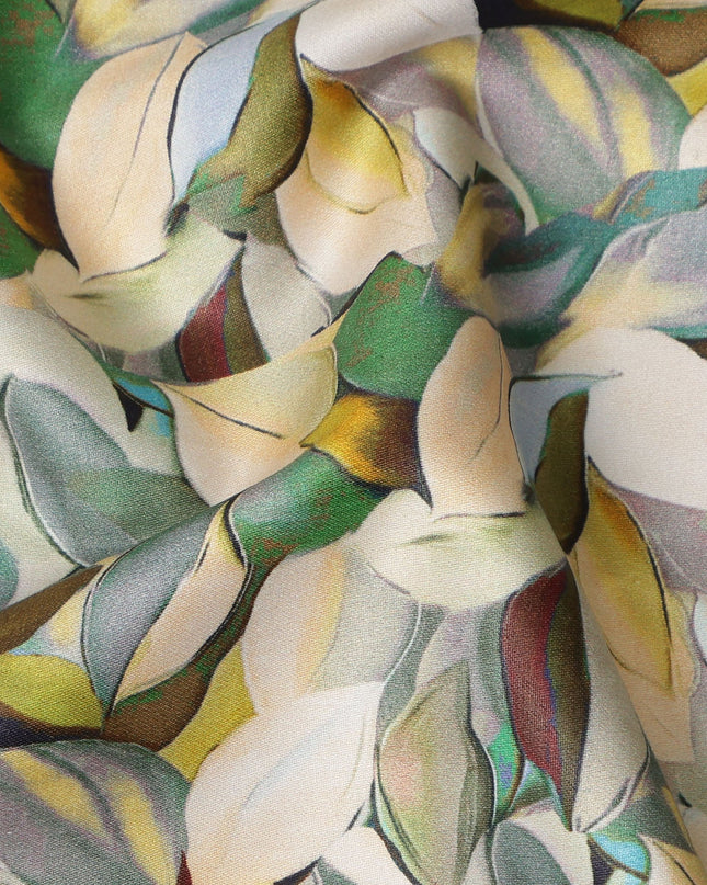 Olive Green Abstract Leaf Printed Cotton Satin Fabric 110 Cms Made In India-D27387