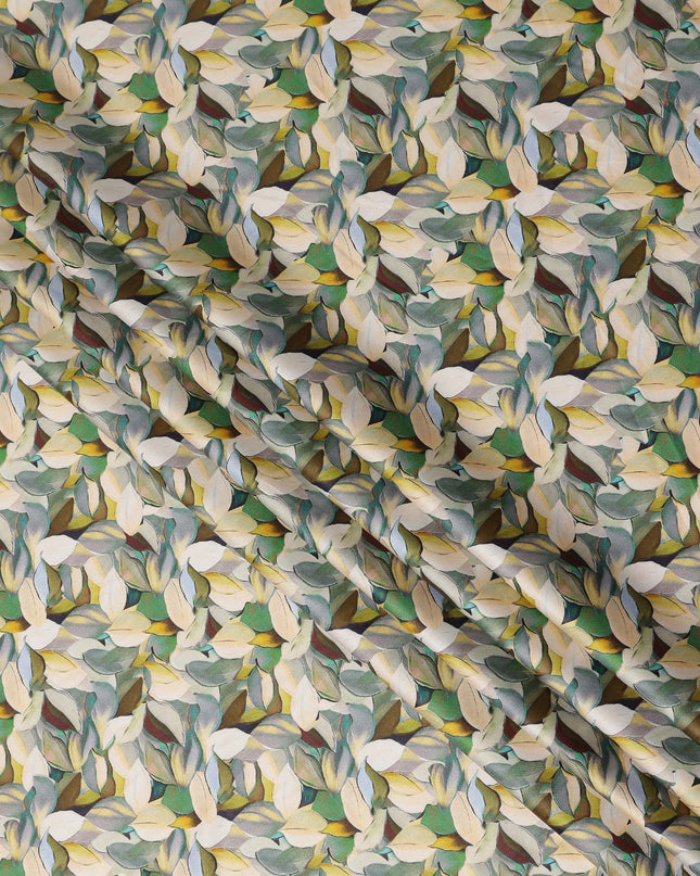 Olive Green Abstract Leaf Printed Cotton Satin Fabric 110 Cms Made In India-D27387