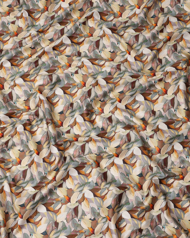 Beige Brown Abstract Leaf Printed Cotton Satin Fabric 110 Cms Made In India-D27384