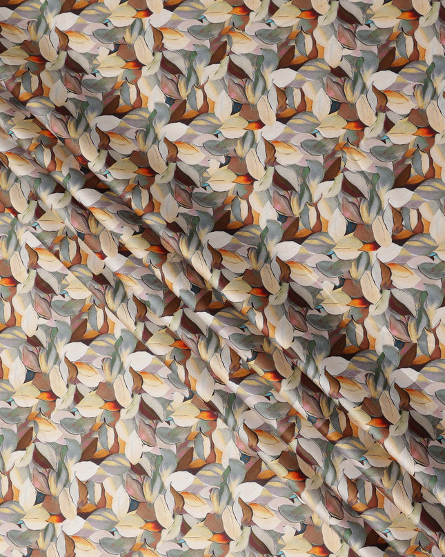 Beige Brown Abstract Leaf Printed Cotton Satin Fabric 110 Cms Made In India-D27384